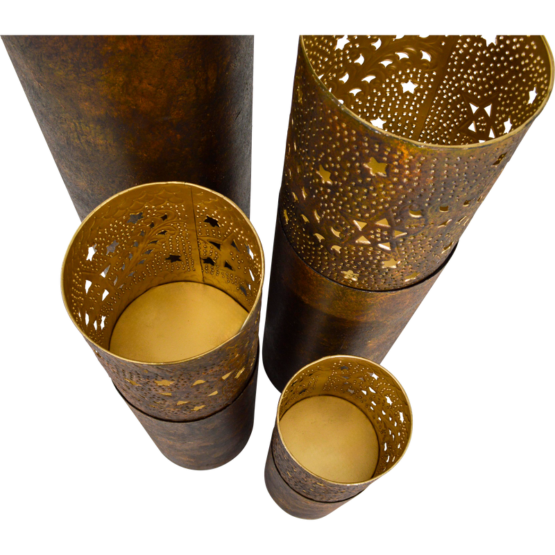 Windlicht zuil bruin/goud S/4